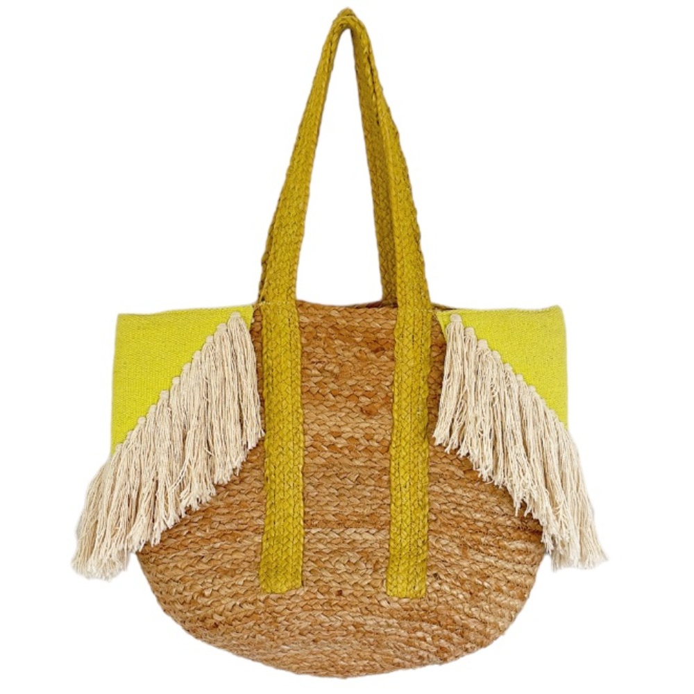 Yellow Fringe Straw Tote Bag - Unbranded